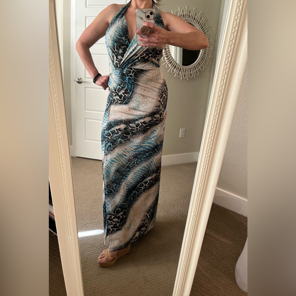 Venus Halter Dress Snake Print Taupe Black Turquoise